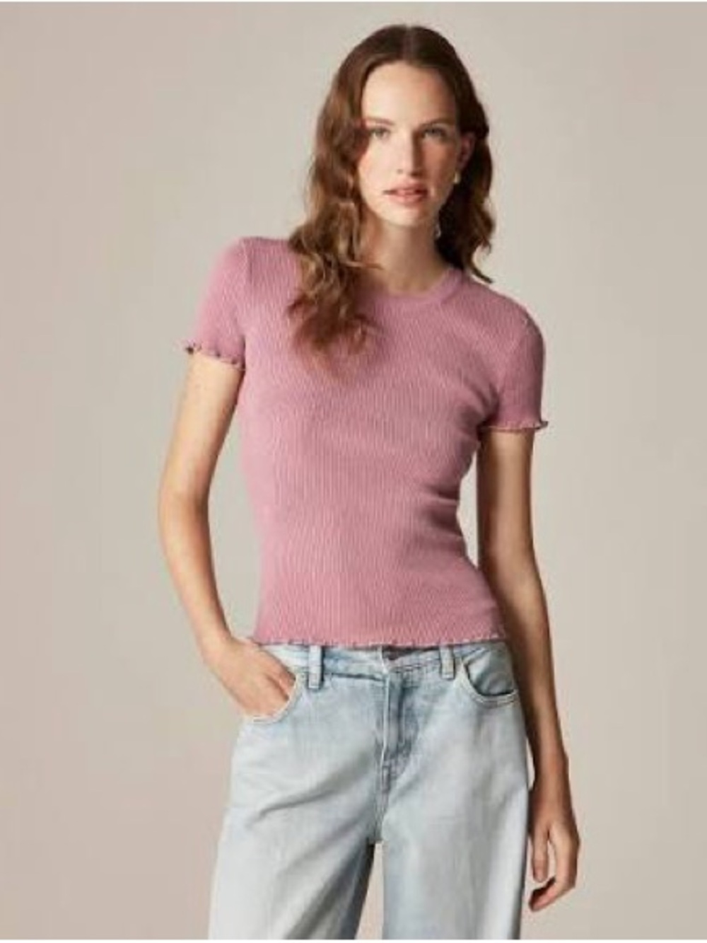 J crew NWT short sleeve Ruffle-trim T-shirt in TENCEL lyocell blend Hthr Petunia